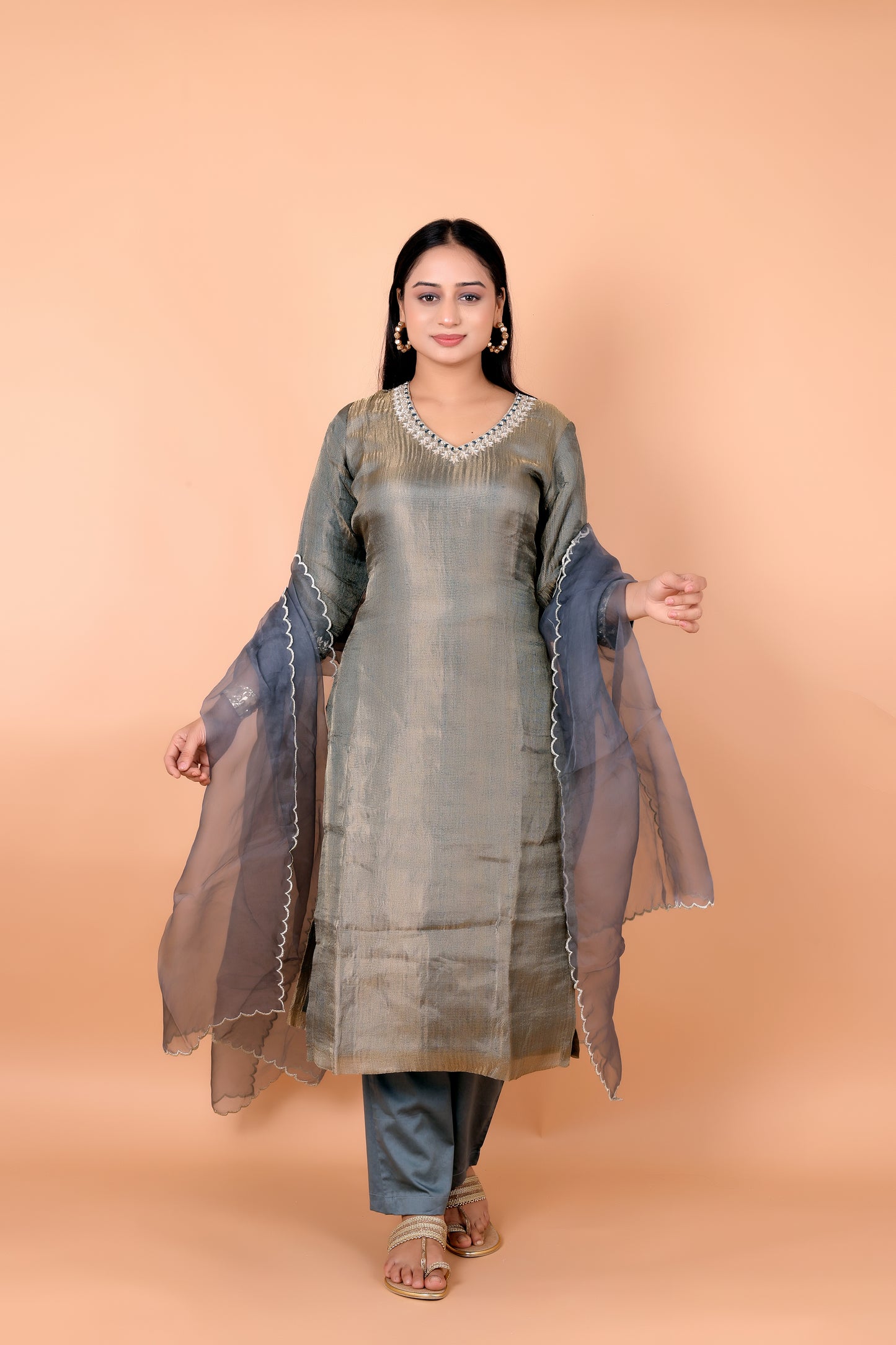 HAND- EMBROIDERED - Grey Crush Tissue Suit Set