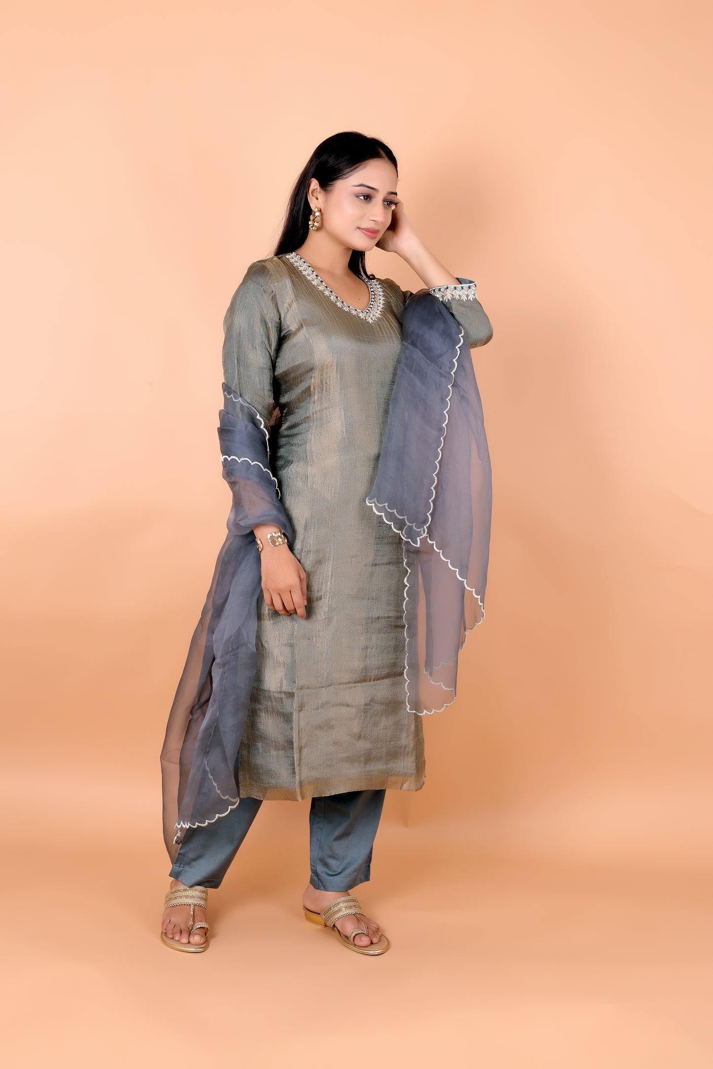 HAND- EMBROIDERED - Grey Crush Tissue Suit Set