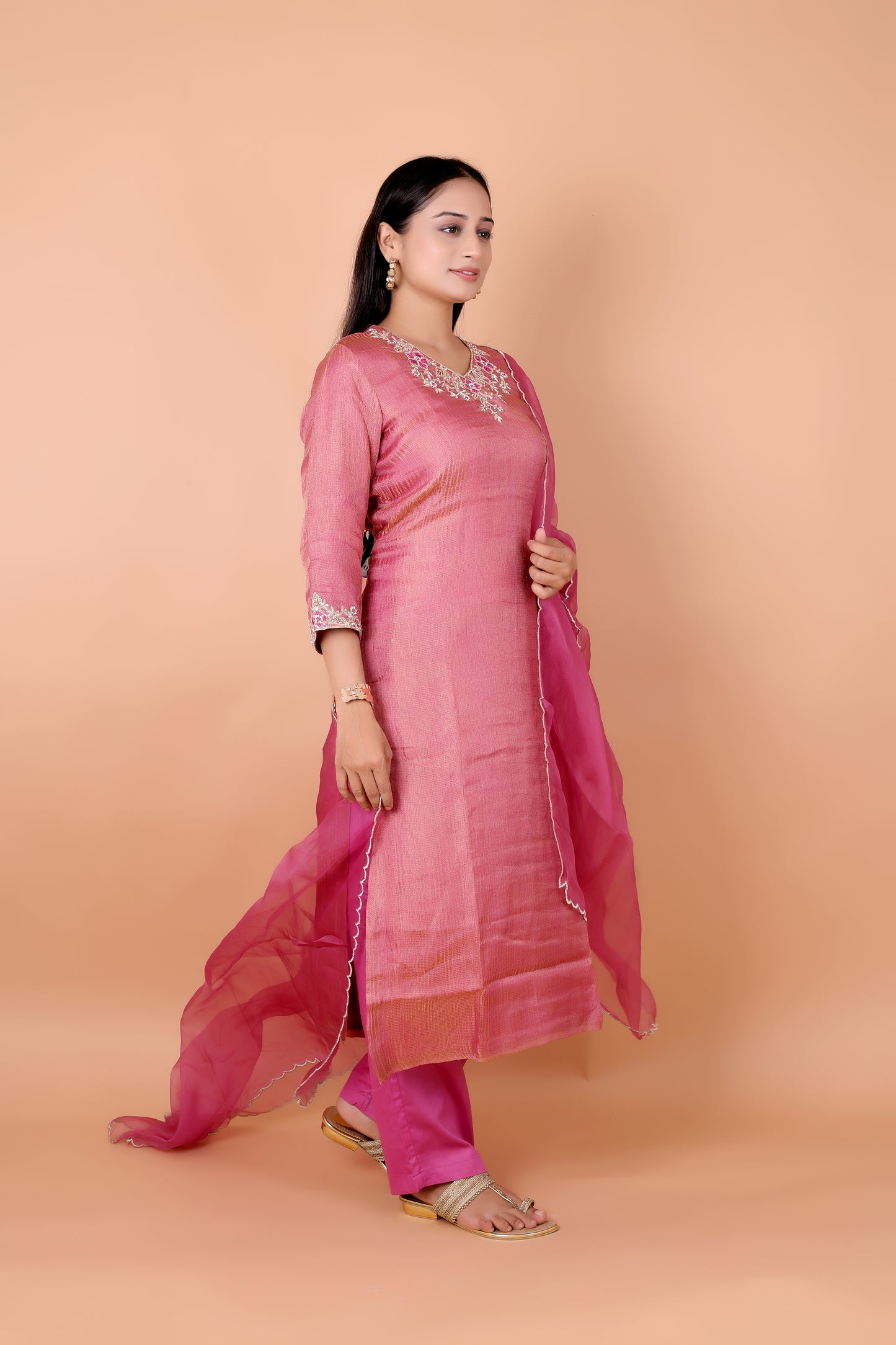 HAND-EMBROIDERED -Soft Pink Crush Tissue Suit Set