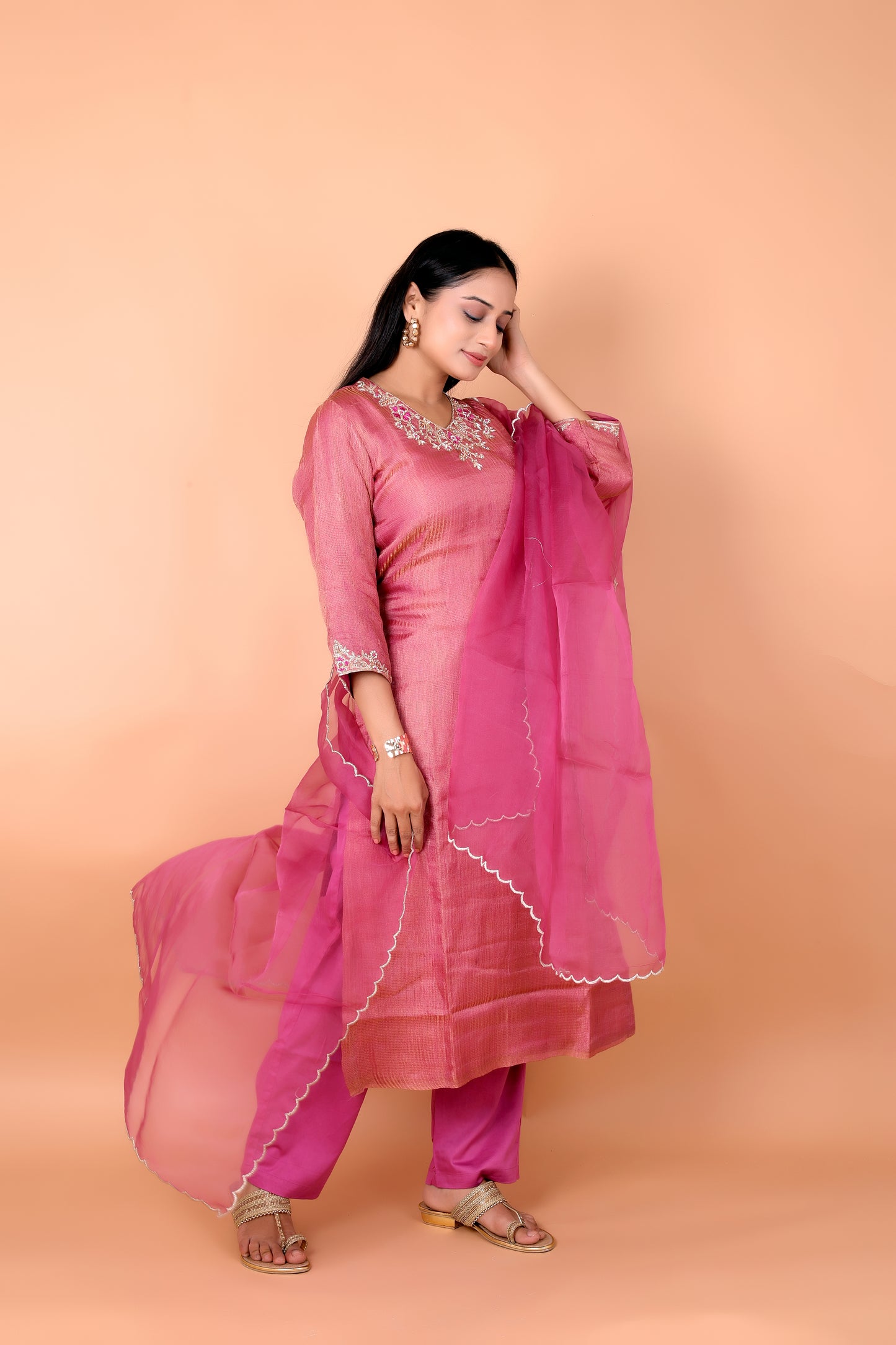 HAND-EMBROIDERED -Soft Pink Crush Tissue Suit Set