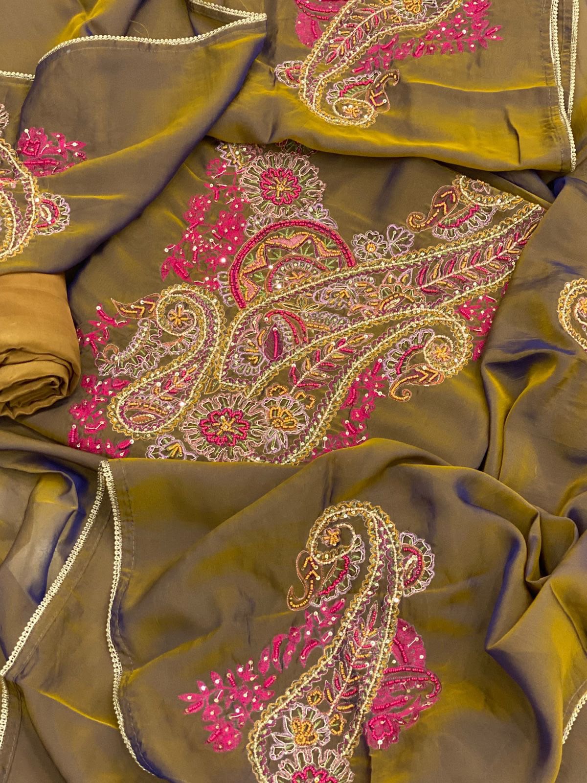 Premium Two-Tone Mysore Silk Suit Set with Resham Embroidery & Satin Dupatta
