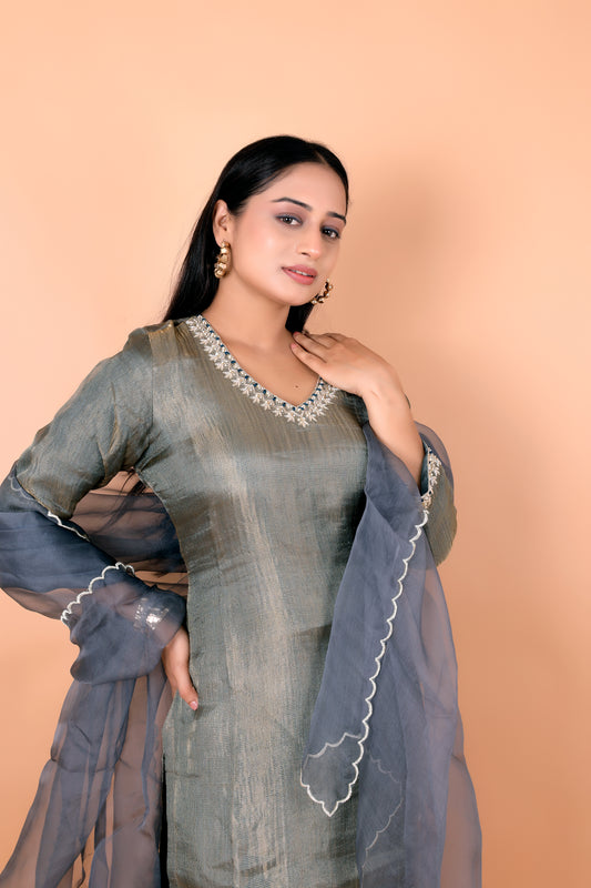 HAND- EMBROIDERED - Grey Crush Tissue Suit Set