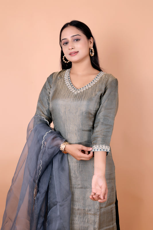 HAND- EMBROIDERED - Grey Crush Tissue Suit Set