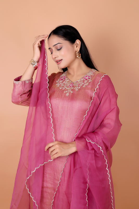 HAND-EMBROIDERED -Soft Pink Crush Tissue Suit Set