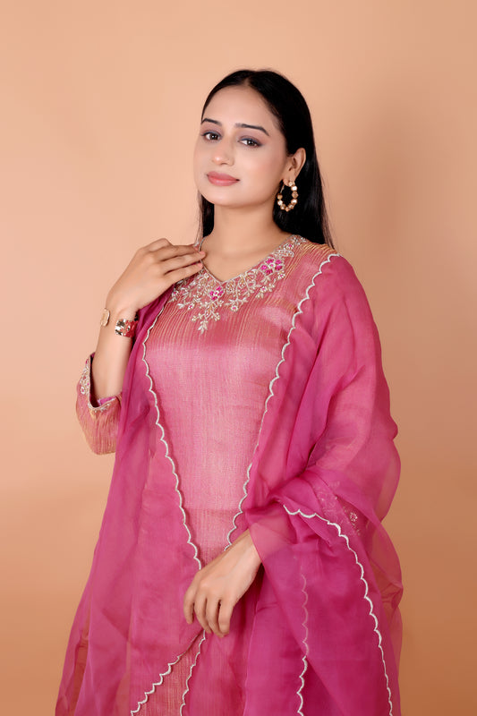 HAND-EMBROIDERED -Soft Pink Crush Tissue Suit Set