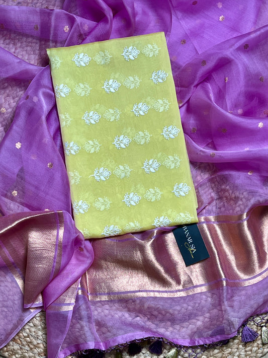 Pure Organza Silk Chikankari Kurta Set with Kora Silk Kadhwa Dupatta