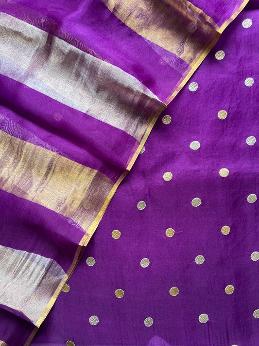 Pure Silk Organza Suit with Embroidery Butti & Tissue Gold-Silver Dupatta-Purple