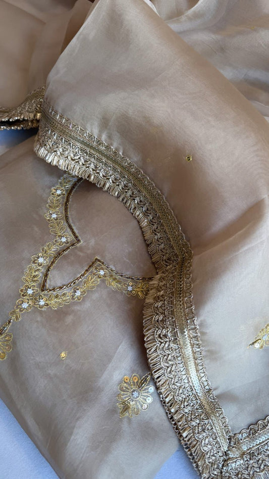 Pure Kora silk with aari embroidered Neck & Organza dupatta - Suit set