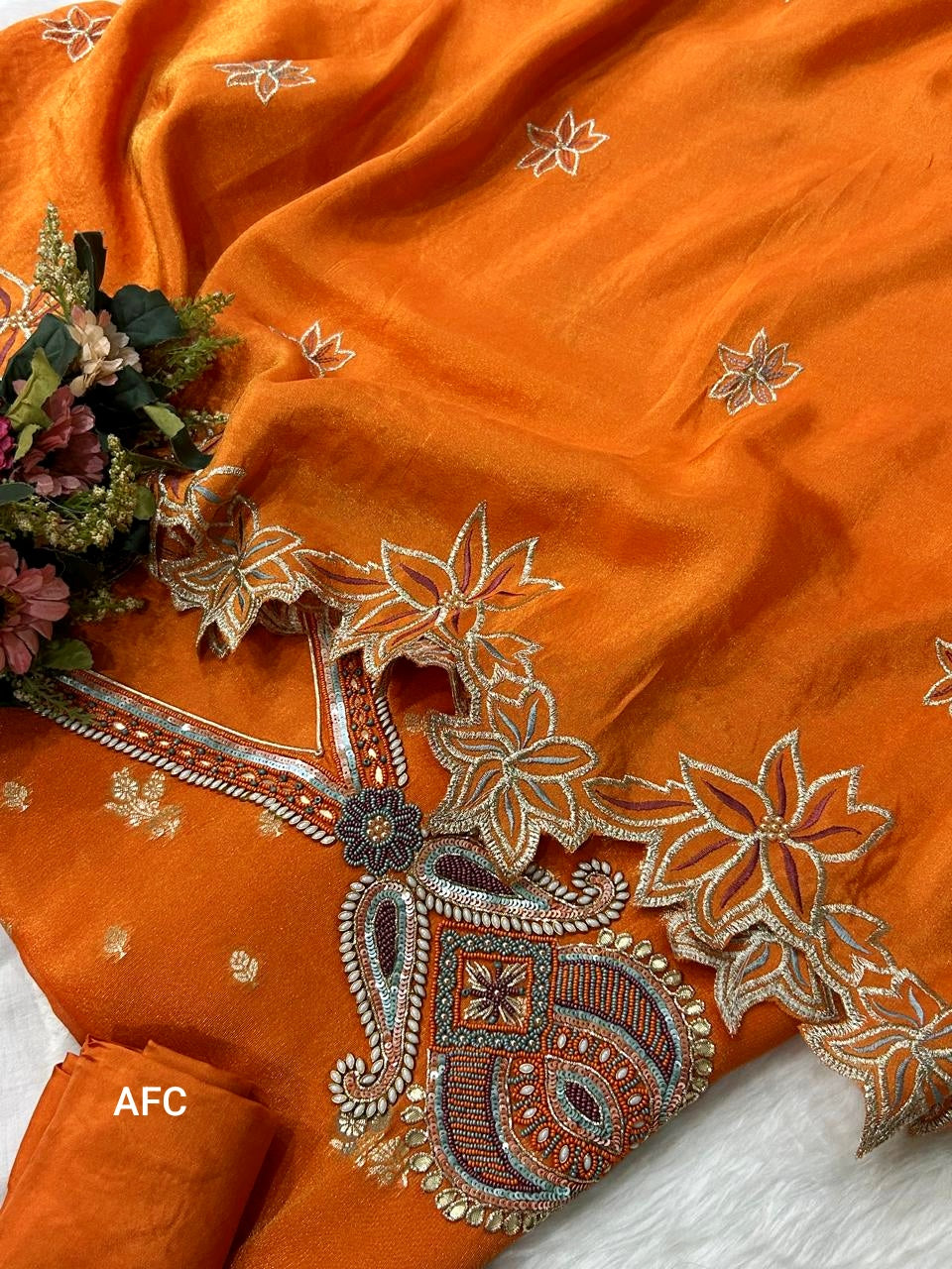 Premium Orange Shimmer Tissue Silk Suit Set
