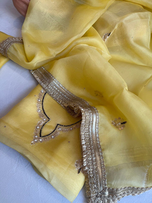 Pure Kora silk with aari embroidered Neck & Organza dupatta - Suit set