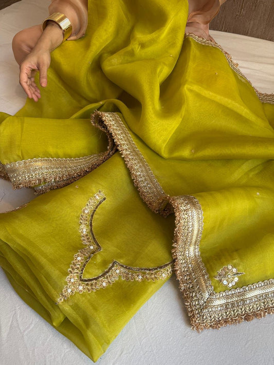 Pure Kora silk with aari embroidered Neck & Organza dupatta - Suit set