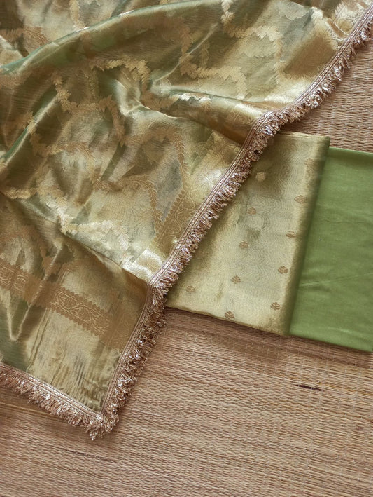 Pure Silk Tissue Reshmi Zari Booti Suit Set with Leheriya Dupatta-Mint Green
