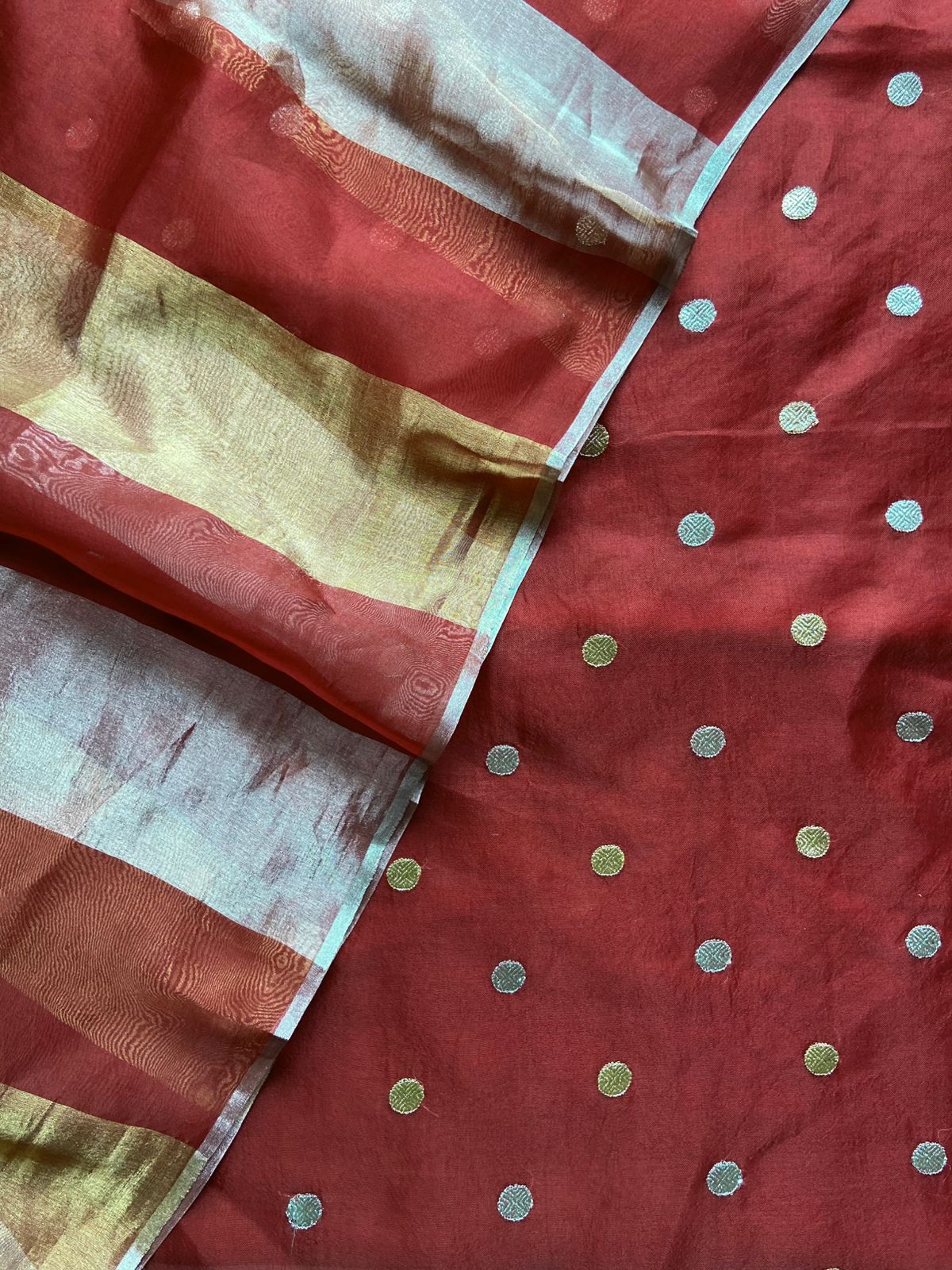 Pure Silk Organza Suit with Embroidery Butti & Tissue Gold-Silver Dupatta - Red