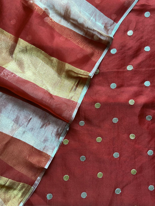 Pure Silk Organza Suit with Embroidery Butti & Tissue Gold-Silver Dupatta - Red