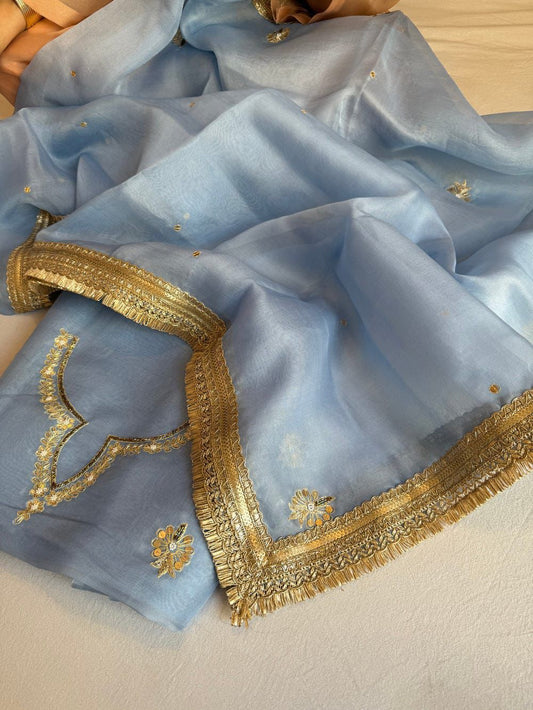Pure Kora silk with aari embroidered Neck & Organza dupatta - Suit set
