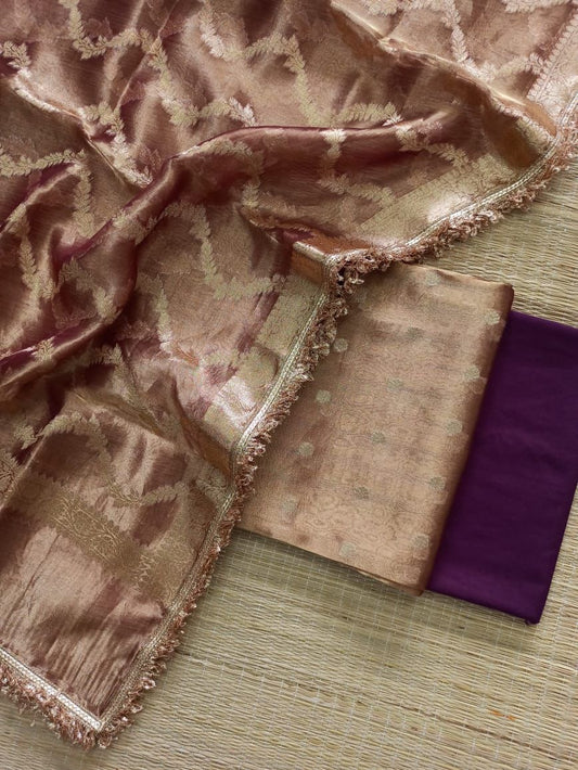 Pure Silk Tissue Reshmi Zari Booti Suit Set with Leheriya Dupatta-Voilet