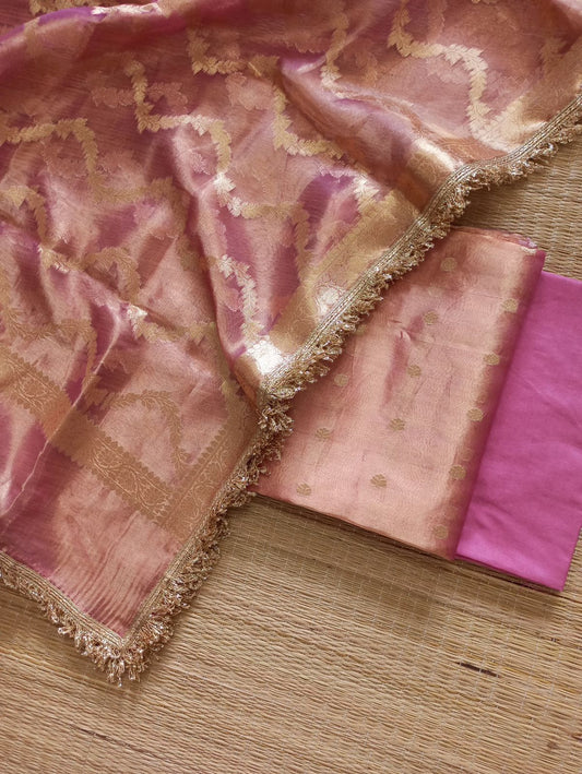 Pure Silk Tissue Reshmi Zari Booti Suit Set with Leheriya Dupatta-Light Pink