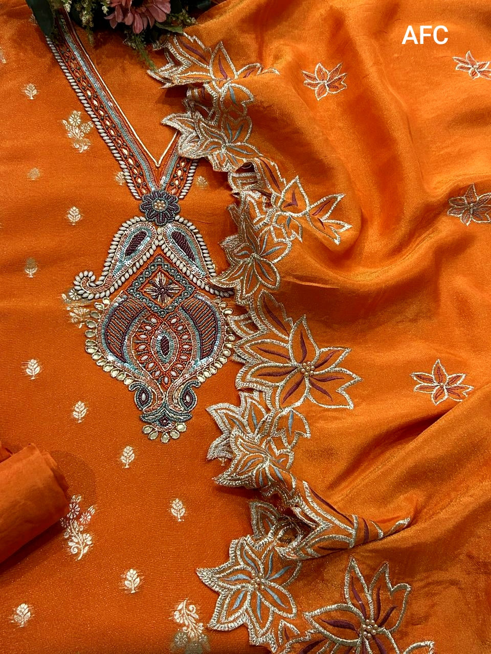 Premium Orange Shimmer Tissue Silk Suit Set