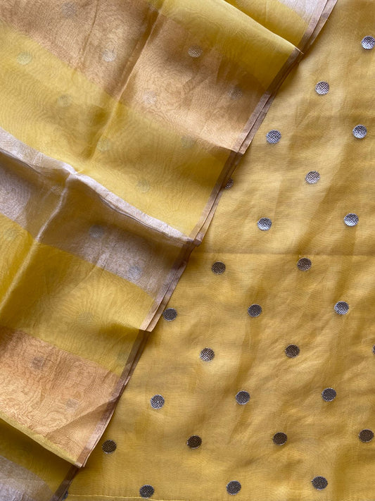 Pure Silk Organza Suit with Embroidery Butti & Tissue Gold-Silver Dupatta-Mustard
