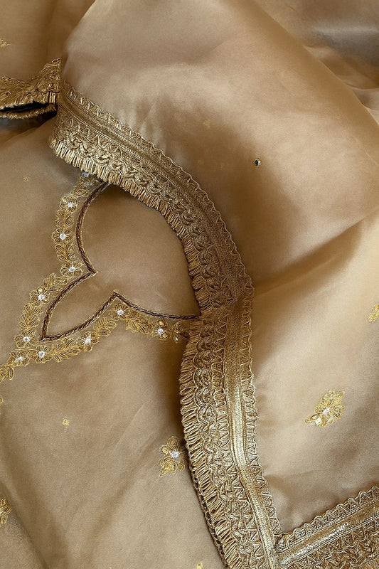 Pure Kora silk with aari embroidered Neck & Organza dupatta - Suit set