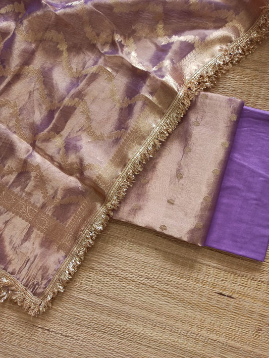 Pure Silk Tissue Reshmi Zari Booti Suit Set with Leheriya Dupatta-Royal Purple