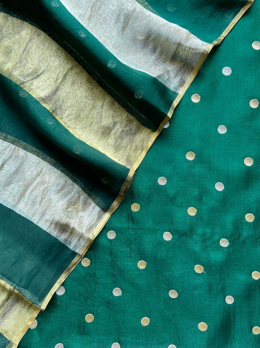 Pure Silk Organza Suit with Embroidery Butti & Tissue Gold-Silver Dupatta - Green