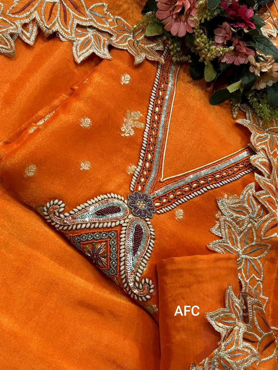 Premium Orange Shimmer Tissue Silk Suit Set