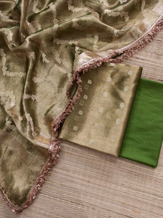 Pure Silk Tissue Reshmi Zari Booti Suit Set with Leheriya Dupatta-Sea Green