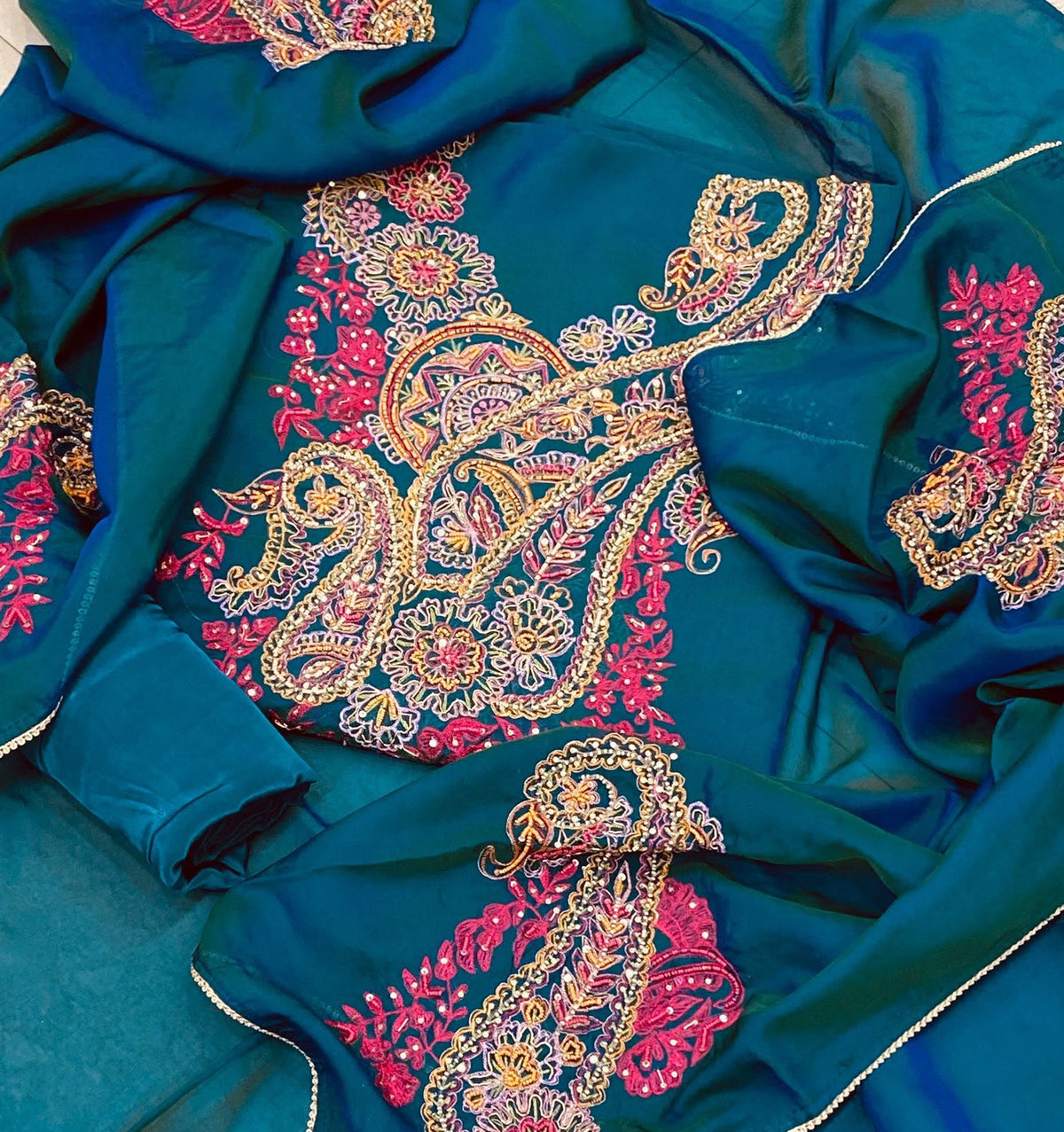 Premium Two-Tone Mysore Silk Suit Set with Resham Embroidery & Satin Dupatta