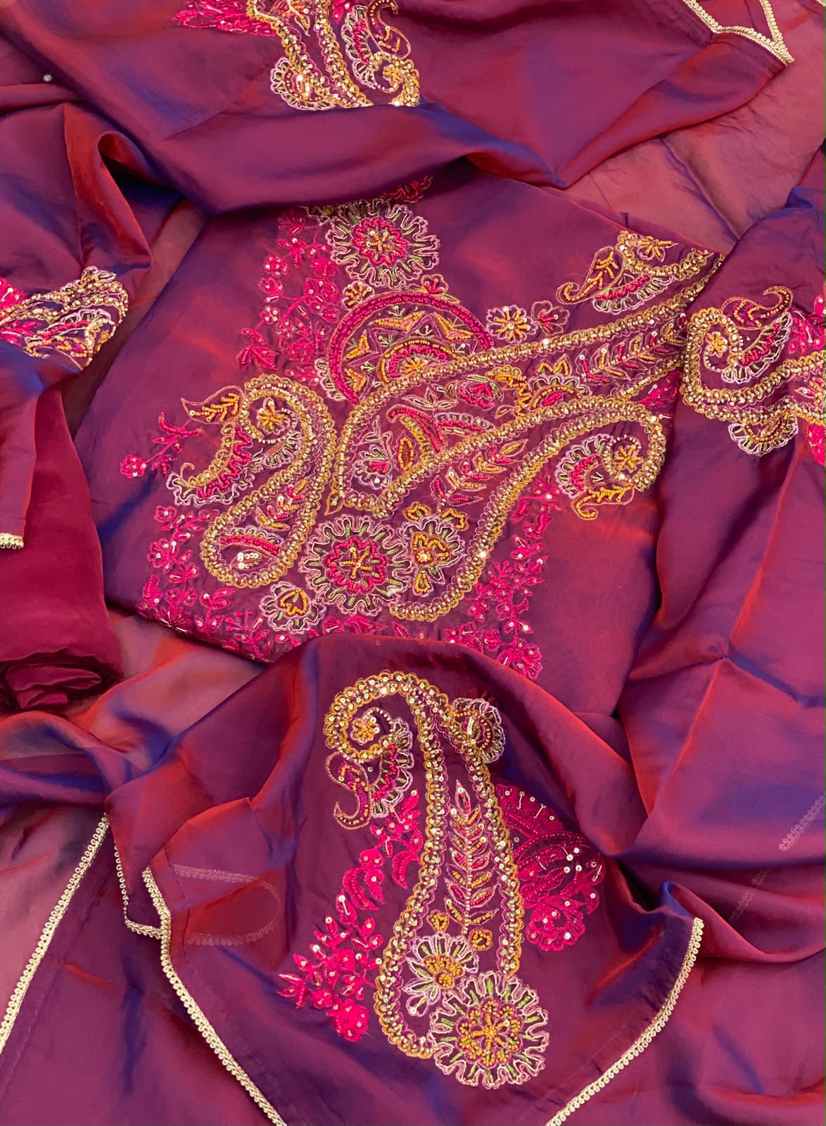 Premium Two-Tone Mysore Silk Suit Set with Resham Embroidery & Satin Dupatta